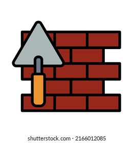 Icon Of Brick Wall With Trowel. Editable Bold Outline With Color Fill Design. Vector Illustration.