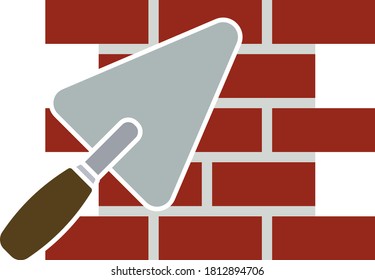 Icon Of Brick Wall With Trowel. Flat Color Design. Vector Illustration.