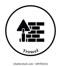 Icon of brick wall with trowel. Thin circle design. Vector illustration.