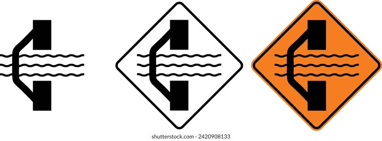 icon Bridge out ahead on left sign  warning sign design for yellow background and black and white background