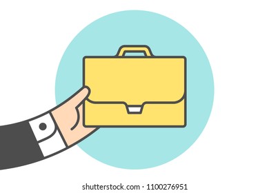 Icon of briefcase in the businessman hand. Yellow briefcase in line graphic. Hand of businessman holds the briefcase icon. Icon of case isolated on a blue circle. Vector Illustration