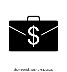 Icon of briefcase with cash. Leather business bag with dollar sign. Vector Illustration