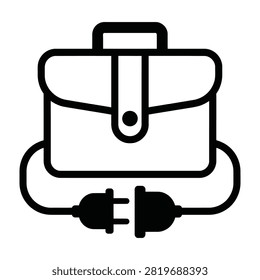 Icon of a briefcase with an electrical cord and plug representing mobile office and business technology