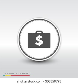 Icon briefcase. Emblem or label with shadow. Dollar sign. Flat design style. Made vector illustration.Emblem or label with shadow.