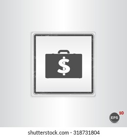 Icon briefcase. Emblem or label with shadow. Dollar sign. Flat design style. Made vector illustration.Emblem or label with shadow.