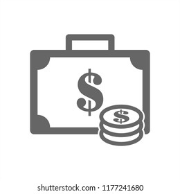 Icon of a briefcase with money dollar sign and dollar coins. Made in flat style with white background.