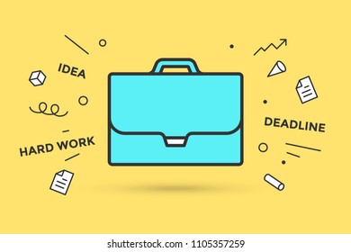 Icon of briefcase. Sign briefcase on yellow background, explosive graphic element. Businessman briefcase, explosion, memphis style element, text Hard Work, Deadline, Idea. Vector Illustration