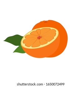 
Icon of bright orange with a leaf. A whole orange in the background and half an orange in front. Vector flat style illustration.