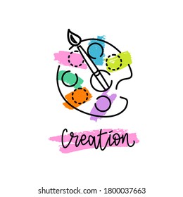 An icon with a bright palette for paints. Brush and paint. Vector illustration. Logo for the art studio. Hand lettering "Creation".