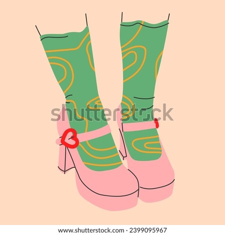 Icon of bright strapped high heel shoes with heart shape clasp and funny socks.Print for cards,shoe store