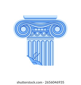 Icon of broken antique Greece column. Destroyed Roman pillar podium with Ionic order. Ornamented old marble construction of ancient Greek architecture. Flat isolated vector illustration on white