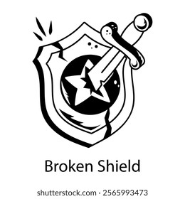 An icon of broken shield with a sword designed in doodle style 