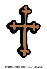 the icon of a brown wooden cross. christian cross crucifix in doodle style, black outline brown, for orthodox design template vector illustration