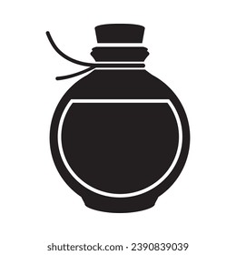 The icon is a bubble with liquid. Medical preparation. A magic potion. A glass bottle with a stopper. Vector illustration isolated on a white background for design and web.
