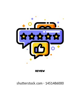 Icon of bubbles with five stars and hand thumb up which symbolize good customers product rating or positive users feedback. Flat filled outline style. Pixel perfect 64x64. Editable stroke