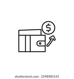 icon  budget wallet. Wallet with dollar coin and arrow pointing upwards, ideal for financial success concepts in business presentations, websites, and social media.