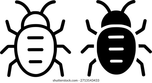 Icon, bug illustration, black and white, outline and silhouette versions