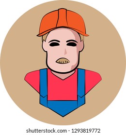 Icon builder in a helmet with a black stroke enclosed in a circle on a white background
