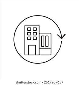 Icon of buildings with a circular arrow symbolizing infrastructure, renewal, or urban development.