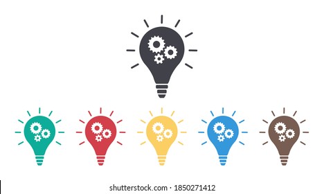 Icono de la bombilla con los engranajes. Luz de la solución. Estrategia y concepto de ideas. Los perros en bombillas son innovación de negocios. Lámpara en el estilo de línea. Logo para creativo, cerebro, inspiración. Diseño gráfico. Vector.