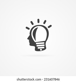Icon of bulb in human head. White background and shadow.