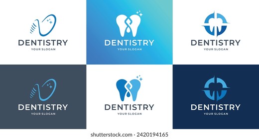 icon bundle of dentistry, dental care, dentist logo design with blue and white color background template illustration