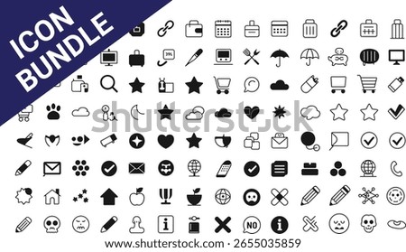 Icon Bundle with Minimalist Line Designs for Web and App UI, Featuring Communication, Calendar, Social Media, Business, Travel, Technology, Shopping, Education, Email, and Various Digital Symbols