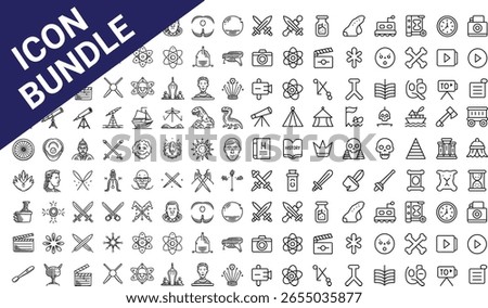 Icon Bundle with Minimalist Line Designs for Web and App UI, Featuring Science, History, Art, Education, Culture, Technology, and Exploration Icons for Digital Projects