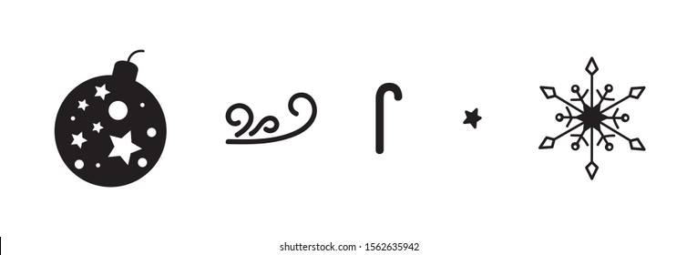 Icon Bundle Set black and white with naif simple and plane design of five graphic elements. A decorated christmas ball, cold wind, cane stick, star and snow flake for winter holidays