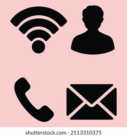 Icon Bundle. Wifi Icon, User, Call, Email icon. All icon in one. profile symbol silhouette.