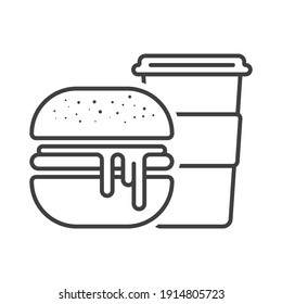 Icon burger with a mug of coffee. A simple sandwich image with potokshey filling and mug with tea or coffee drink. Isolated vector on a pure white background.