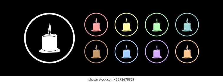 Icon of a burning candle in different colors. Bright set for stickers or logo.