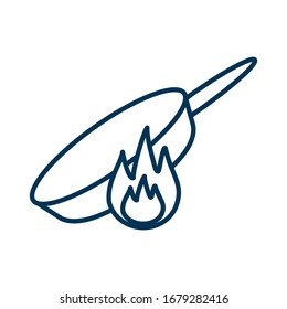Icon of a burning hot pan with a handle along with fire. The flame at the bottom of the dishes. Vector outline thin line illustration.