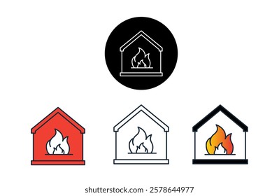 Icon for Burning house, house fire, fire damage, fire disaster, house ablaze, house on fire, burning building, engulfed in flames.