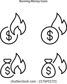 Icon Of A Burning Money Vector Isolated On White Background. US Currency Symbol In Fire. Economy Recession And Global Financial Crisis Concept.