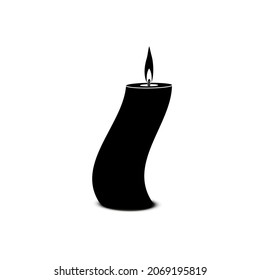 The icon of a burning wax candle of a complex shape is black on a white background. Vector image.