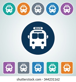 Icon of Bus in Multi Color Circle & Square Shape. Eps-10.
