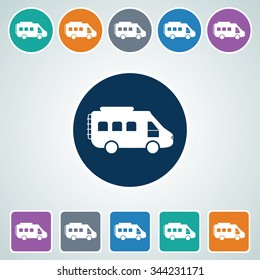 Icon of Bus in Multi Color Circle & Square Shape. Eps-10.