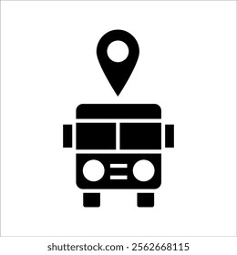  icon of a bus terminal with a location marker. Suitable for projects related to public transport or route maps.