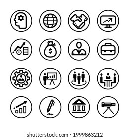 icon business corporate black on white background, collection of symbols in a circle.