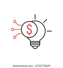 Icono de una bombilla de inteligencia empresarial y pila de monedas, aislado contra un fondo limpio.