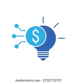 Ícone uma lâmpada de business intelligence e pilha de moedas, isolados contra um fundo limpo.