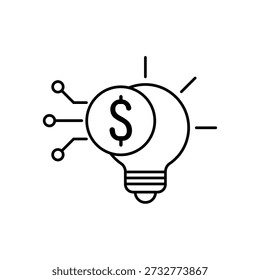 Icono de una bombilla de inteligencia empresarial y pila de monedas, aislado contra un fondo limpio.