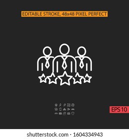 Icon business man with people group tie and 5 stars line sign. Thin line illustration. Vector isolated outline drawing. Editable stroke, 48x48 pixel perfect.