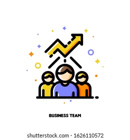 Icon with business team and chart of increasing income for financial growth concept. Flat filled outline style. Pixel perfect 64x64. Editable stroke