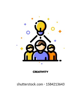 Icon with business team and light bulb as creative idea symbol for creativity concept. Flat filled outline style. Pixel perfect 64x64. Editable stroke