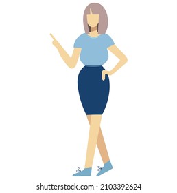 Icon of a business woman pointing her finger at something or someone. Flat vector isolated illustration with faceless girl showing object with pointing gesture. Full length figure.