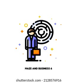 Icon of businessman with briefcase and maze for business problem solving or effective solution strategy concepts. Flat filled outline style. Pixel perfect. Editable stroke
