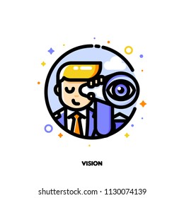 Icon of businessman looking through telescope for business vision concept. Flat filled outline style. Pixel perfect 64x64. Editable stroke