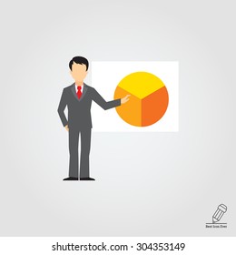Icon of businessman making report at circular diagram on white board